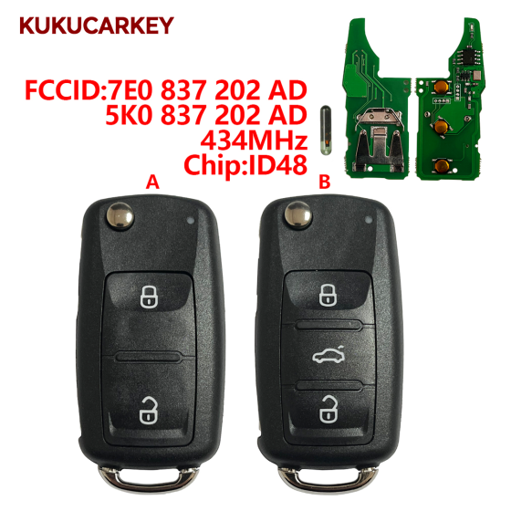 Remote Key For VW  Volkswagen Gplf Passat Tiguan Polo Jetta Beetle 2/3Buttons 433MHz ID48 Chip HU66Blade FCCID:7E0 837 202 AD/5K0 837 202 AD