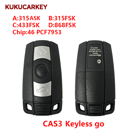 For BMW  Keyless Go  CAS3 3 5 Series X5 X6, Smart Remote Car Key Fob 3 Buttons- 315ASK/315FSK/434FSK/868MHz PCF7953 FCCID:KR55WK49147