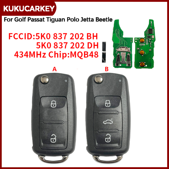 434MHz ASK Megamos AES MQB48 Chip 5K0 837 202 BH /5K0 837 202 DH For Volkswagen Beetle Caddy Caravelle Jetta Smart Remote Key Fob