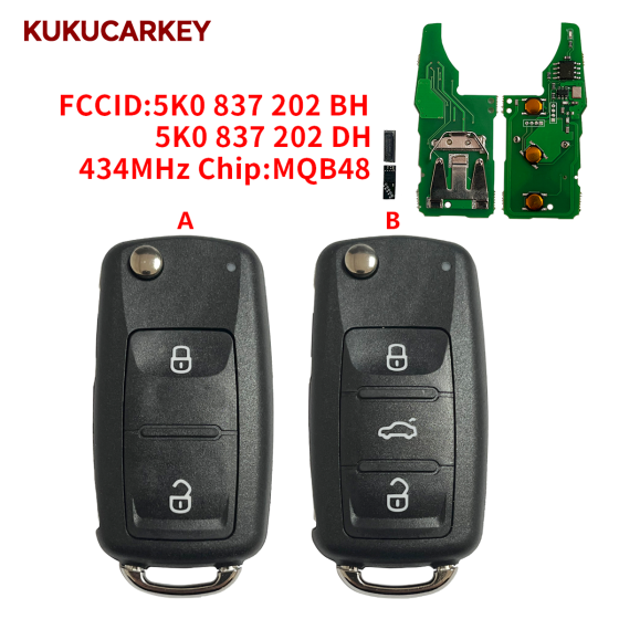 434MHz ASK Megamos AES MQB48 Chip 5K0 837 202 BH /5K0 837 202 DH For Volkswagen Beetle Caddy Caravelle Jetta Smart Remote Key Fob
