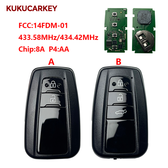 适用于丰田 RAV4 2019-2022款 全新钥匙 2键/3键  14FDM-01  板号:231451-0410  频率:433.58MHz/434.42MHz  芯片:8A  P4:AA