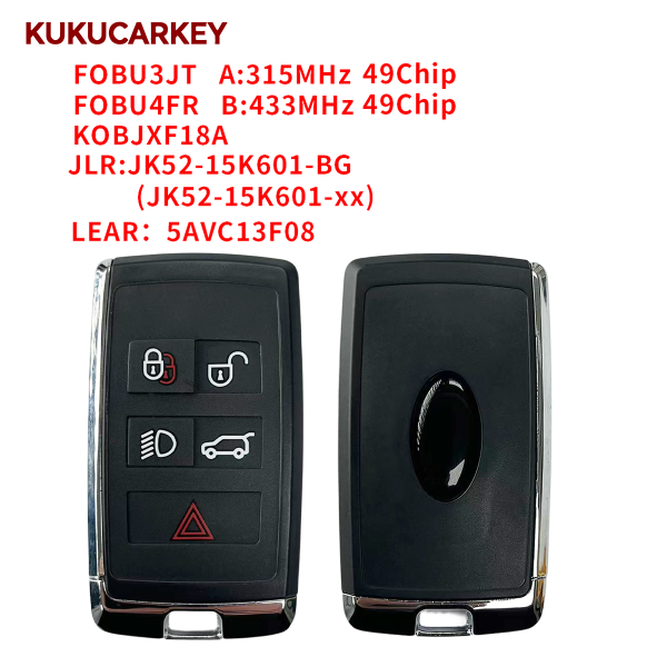 For Land Rover Velar Range Discovery 2017-2022 ID49 Chip 315/433MHz KOBJXF18A PEPSFOB Keyless Go Car Remote Key JLR:JK52-15K601-BG (JK52-15K601-xx) LEAR：5AVC13F08(Low-end version,No UWB，Key ID can be modified)