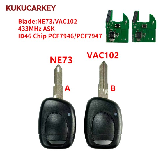 适用雷诺 Master/Twingo/Clio II/Kangoo  汽车遥控钥匙 1键 46芯片 PCF7946/PCF7947 433.92MHz AS K 钥匙胚型号:NE73/VAC102