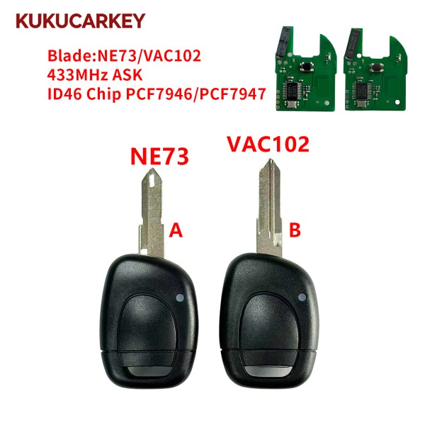 适用雷诺 Master/Twingo/Clio II/Kangoo  汽车遥控钥匙 1键 46芯片 PCF7946/PCF7947 433.92MHz AS K 钥匙胚型号:NE73/VAC102