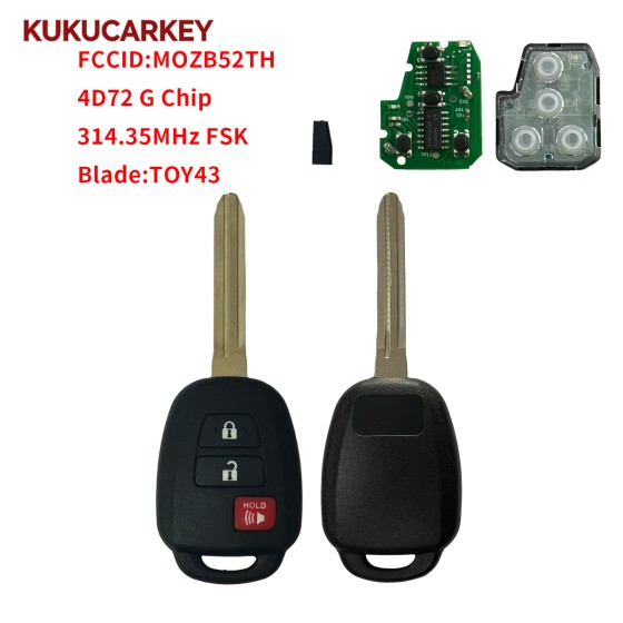 For Toyota Scion TC iQ Yaris 2013-2016 314.35MHz/312.10MHz FSK With 4D72 G Chip Replacement Remote Key Fob 2+1 Buttons FCCID:MOZB52TH Blade:TOY43