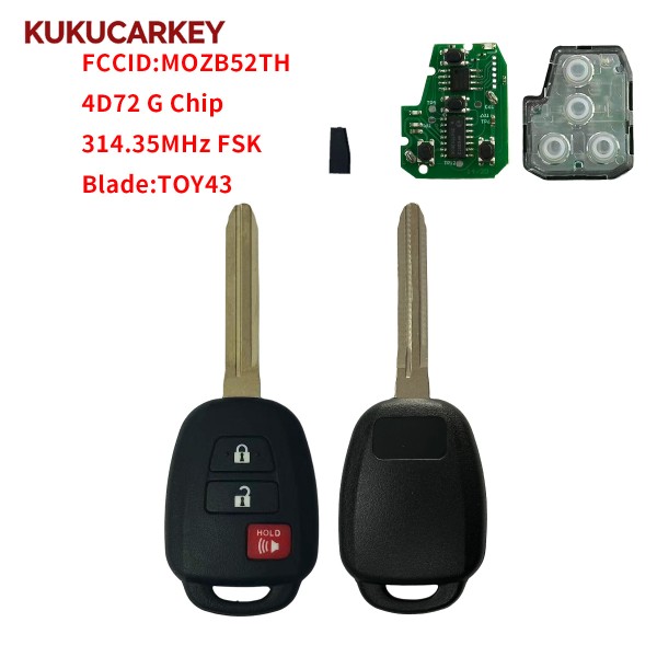 适用于丰田赛恩 TC、iQ、雅力士 2013-2016款 2+1键遥控钥匙 频率:314.35MHz/312.10MHz FSK  芯片:4D72 G  FCCID:MOZB52TH  钥匙胚型号:TOY43