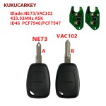 适用于欧宝 Vivaro、沃克斯豪尔、雷诺 Trafic、Master、Kangoo、Movano、Transmister汽车遥控钥匙  适用年份:2003-2012年  频率:433.92MHz  ASK 芯片:ID46 PCF7946  钥匙胚型号:NE73/VAC102