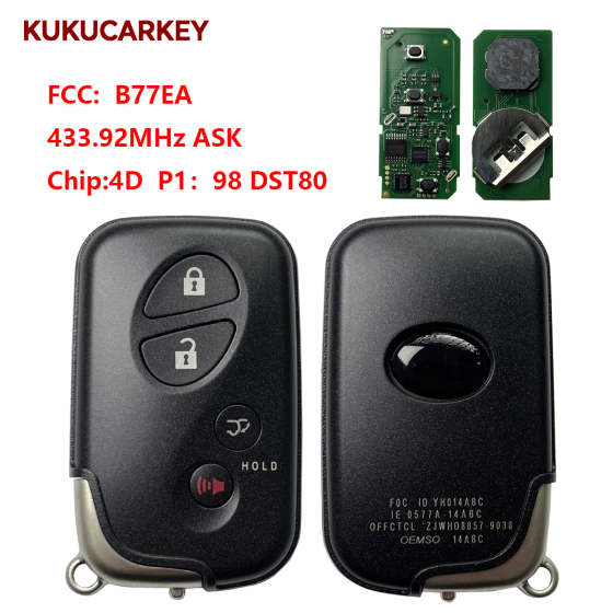 For Lexus Replacement 4Buttons LX570 2009-2014 Smart Key Remote  P/N:89904-60850 89904-60851 FCCID:B77EA 433.92MHz ASK chip:4D  P1:98 DST80