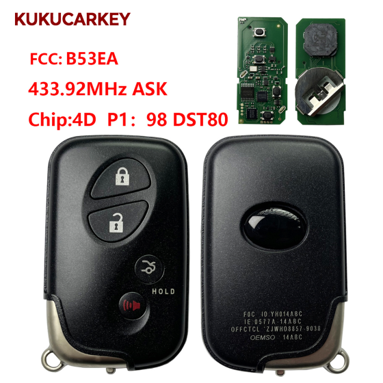 For Lexus GS 2006+ Smart Key, 3Buttons, B53EA A433 89904-30490 Keyless Go Lexus Gs300 Gs350 Gs430 Gs460 Gs450H  433.92MHz ASK chip:4D  P1:98 DST80