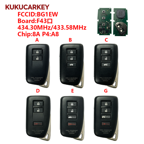 For Lexus IS NX LX 2/3/4 Buttons Key Remote Fob  FCCID:BG1EW Board:F43口 434.30/433.58MHz chip:8A P4:A8