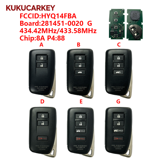 For Lexus GS ES 2/3/4 Buttons Smart Keyless Proximity Remote Fob FCCID:HYQ14FBA Board:281451-0020 G 434.42/433.58MHz chip:8A P4:88