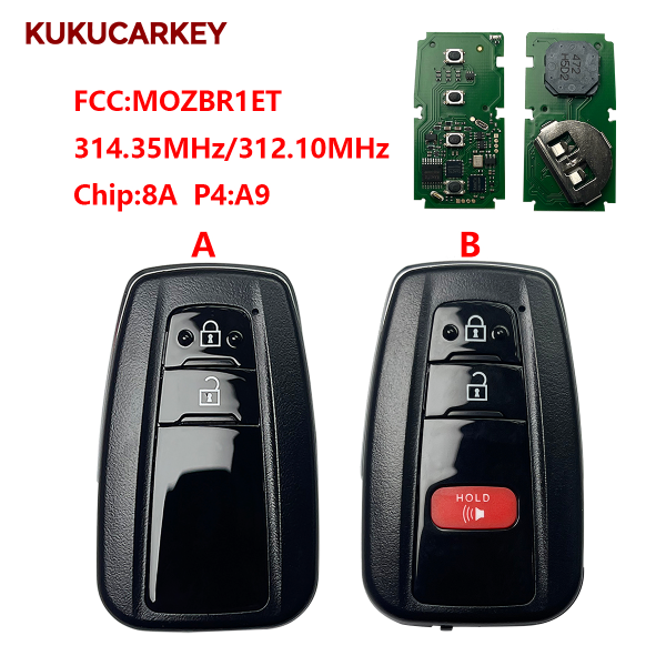 适用于丰田 C‑HR 2018‑2019款 3键智能感应遥控车钥匙  FCC MOZBR1ET, Model BR1ET 频率:314.35MHz/312.10MHz  芯片;8A  P4:A9