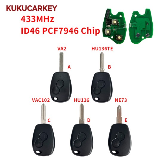 2 Buttons 433MHz ID46 PCF7946 Chip Remote Car Key For Renault Duster Modus Clio 3 Twingo Dacia Logan Sandero Kangoo Blade:VA2/HU136TE/VAC102/HU136/NE73