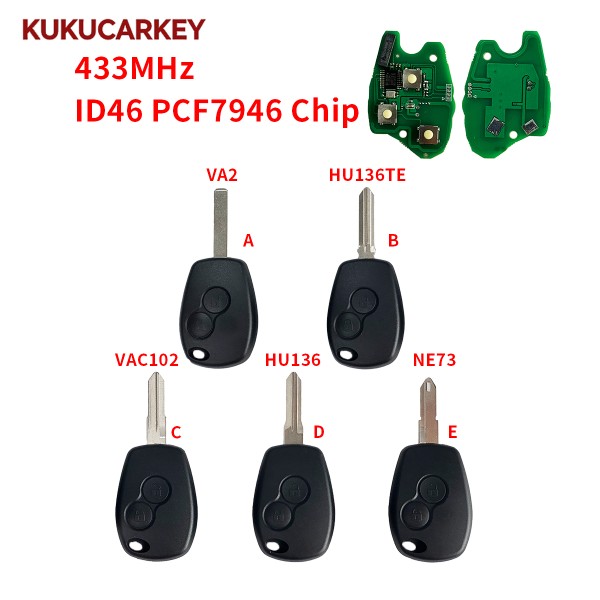2 Buttons 433MHz ID46 PCF7946 Chip Remote Car Key For Renault Duster Modus Clio 3 Twingo Dacia Logan Sandero Kangoo Blade:VA2/HU136TE/VAC102/HU136/NE73