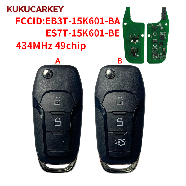 Flip Remote Car Key Fob For Ford Ranger F130 F150 2014-2019 2/3Buttons 434MHz With 49Chip FCCID: EB3T-15K601-BA   ES7T-15K601-BE