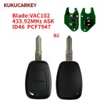 适用于欧宝 Vivaro、沃克斯豪尔、雷诺 Trafic、Master、Kangoo、Movano、Transmister汽车遥控钥匙  适用年份:2003-2012年  频率:433.92MHz  ASK 芯片:ID46 PCF7946  钥匙胚型号:NE73/VAC102