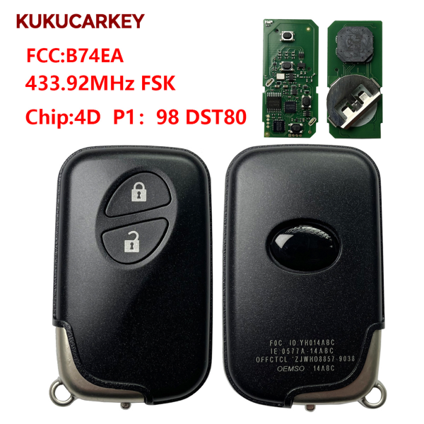 For Lexus 2 Buttons Smart Key Keyless Go Entry CT200H RX350 RX450H Replace The Genuine Key MDL  B74EA 433.92MHz FSK chip:4D  P1:98 DST80