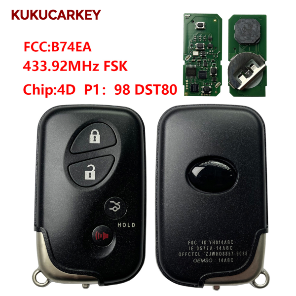 For Lexus 2008-2012 RX Smart Key 4Buttons B74EA 89904-48242, 89904-48241, 89904-48243 433.92MHz FSK chip:4D P1:98 DST80