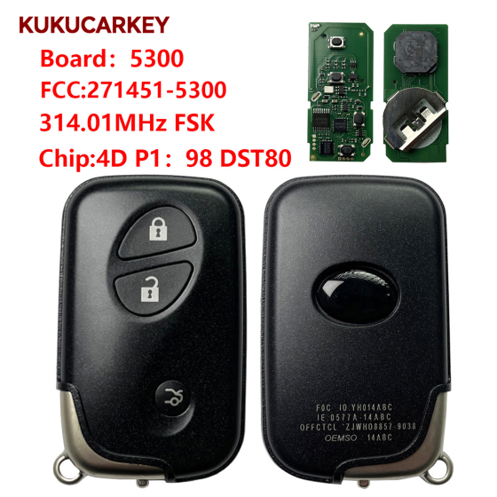 For Lexus RX/CT/HS/L 3Buttons Smart key Fob 271451-5300 314.01MHz FSK chip:4D P1:98 DST80