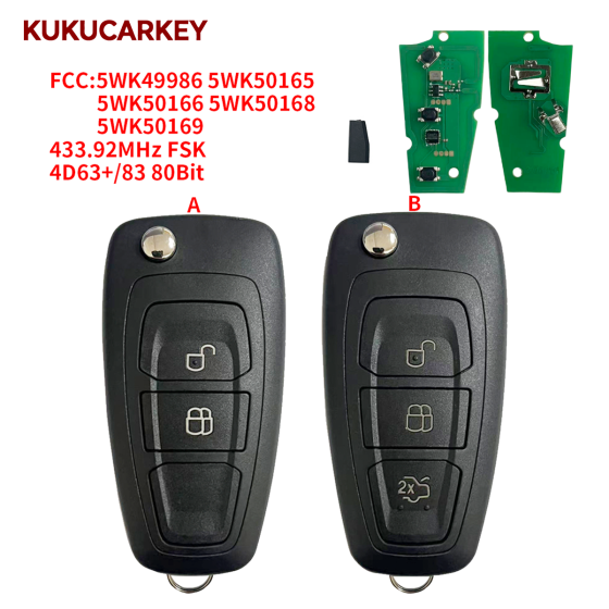 For Ford Mondeo Focus C-Max Grand Galaxy S-Max BT-50 2010-2016 2/3Buttons 5WK49986 5WK50165 5WK50166 5WK50168 5WK50169 Flip Remote Car Key Fob 433MHz 4D63+ 4D83chip