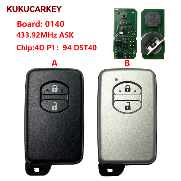 适用于丰田 2键智能遥控钥匙  频率:433.92MHz ASK  板号:0140  芯片:4D  P1:94  DST40