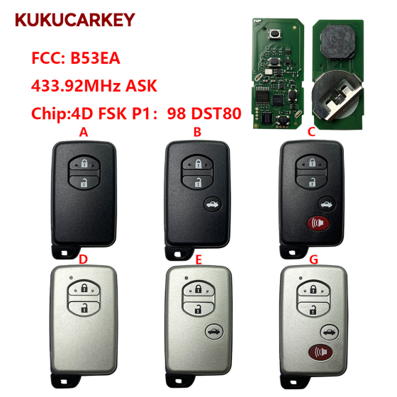 For Toyota Avalon 2010-2013 Smart Key Remote 4 Buttons 89904-07071 89904-07072 FCC ID: 14AAC B53EA A433 433.92MHz chip:4D FSK P1:98 DST80