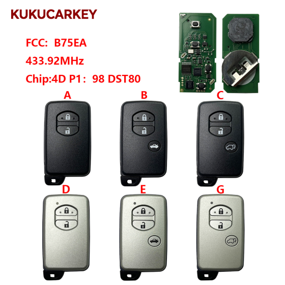 For Toyota Avensis Prius Rwmote 2/3Buttons Smart Key Fob B75EA 433.92MHz FSK chip:4D P1:98 DST80