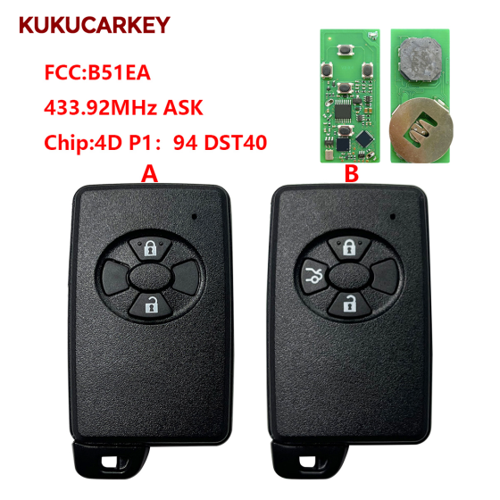 For Toyota Corolla, Auris, Rav4, Yaris 2006+ Smart Key, 2B, B51EA 89904-52071/42050/52072 //0d030/0d031/0d070 433.92MHz ASK chip:4D P1:94 DST40