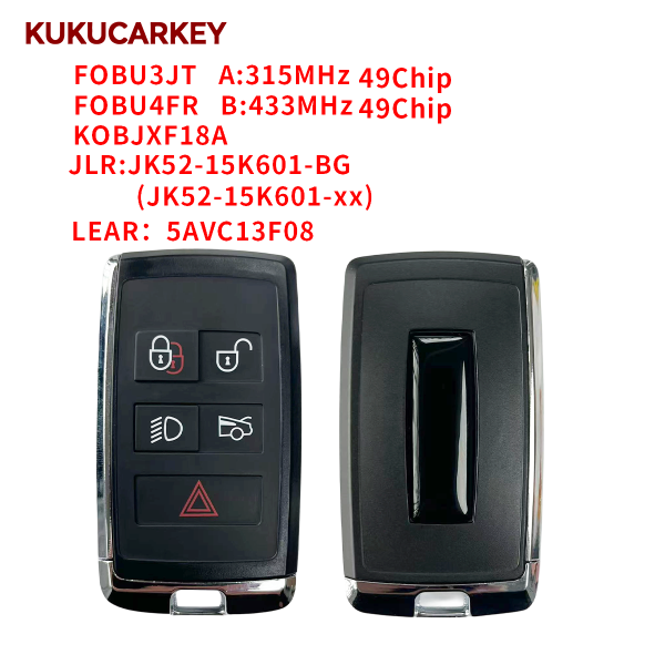 For Jaguar 2017-2022 ID49 Chip 315/433MHz KOBJXF18A PEPSFOB Keyless Go Car Remote Key JLR:JK52-15K601-BG (JK52-15K601-xx) LEAR：5AVC13F08 (Low-end version,No UWB，Key ID can be modified)