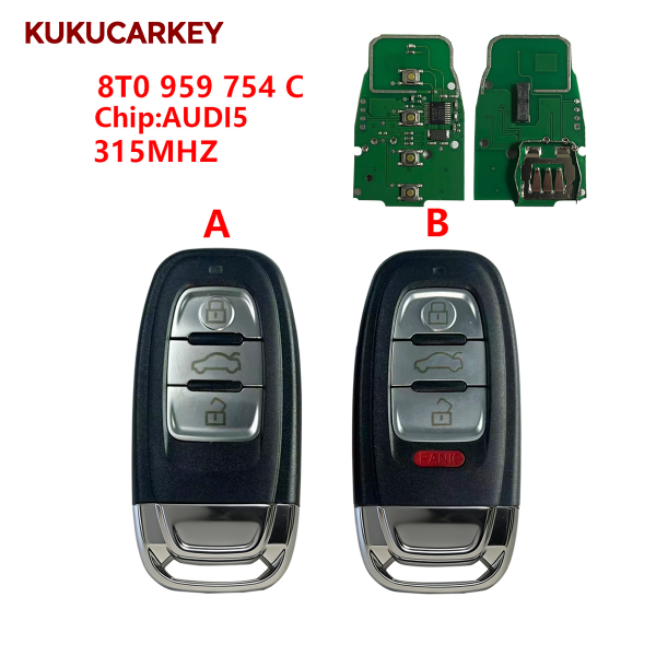 适用于奥迪 A4、S4、A5、S5、Q5 3键/3+1 寻车键智能遥控钥匙,Chip:AUDI5 频率:315MHz FCC:8T0 959 754 C
