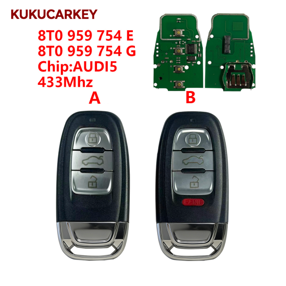 For Audi A4 S4 A5 S5 Q5 3/3+1Buttons Car Smart Card Remote Key AUDI5 433Mhz FCC: 8T0 959 754 E/8T0 959 754 G