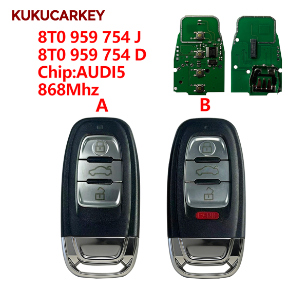 适用于奥迪 A4、S4、A5、S5、Q5 3键/4键智能遥控钥匙  芯片:AUDI5  频率:868MHz  FCC:8T0 959 754 J/8T0 959 754 D