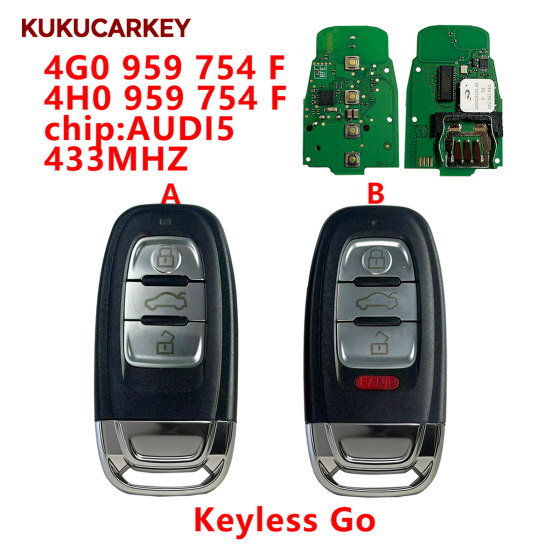Smart Remote Car Key Fob For Audi A4 A5 A6L A7 A8L Q5 Keyless Go AUDI5 433Mhz FCC:4G0 959 754 F/4H0 959 754 F