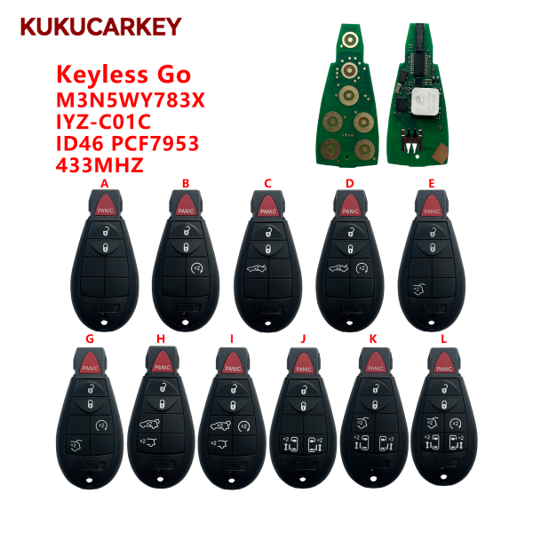 433Mhz 46chip PCF7953 Remote Car Key Fob M3N5WY783X For Chrysler Town & Country Jeep Grand Cherokee Dodge Caravan Journey IYZ-C01C Keyless Go