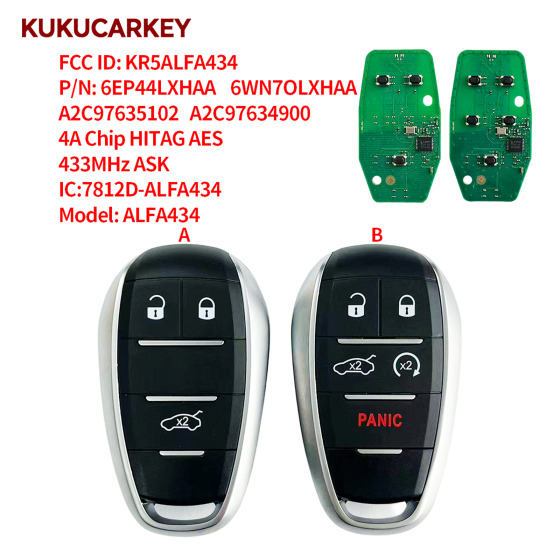 For Alfa Romeo Giulia Stelvio 2015-2024 433MHz 4Achip FCCID:KR5ALFA434  ALFA434  P/N:6EP44LXHAA 6WN7OLXHAA Continental:A2C97635100  A2C97635102
