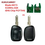 适用雷诺 Master/Twingo/Clio II/Kangoo  汽车遥控钥匙 1键 46芯片 PCF7946/PCF7947 433.92MHz AS K 钥匙胚型号:NE73/VAC102