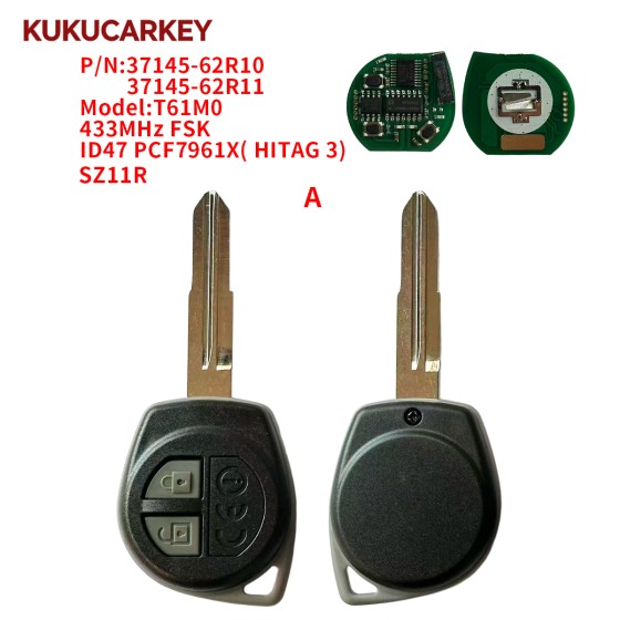 For Suzuki Swift RX4 2015-2020 Cross Ignis Cross Ignis 2017-2020 P/N:37145-62R10 37145-62R11 Model:T61M0 Remote Car Key Fob 2 Buttons 433MHz FSK ID47 PCF7961X( HITAG 3) Blade:SZ11R/HU133R