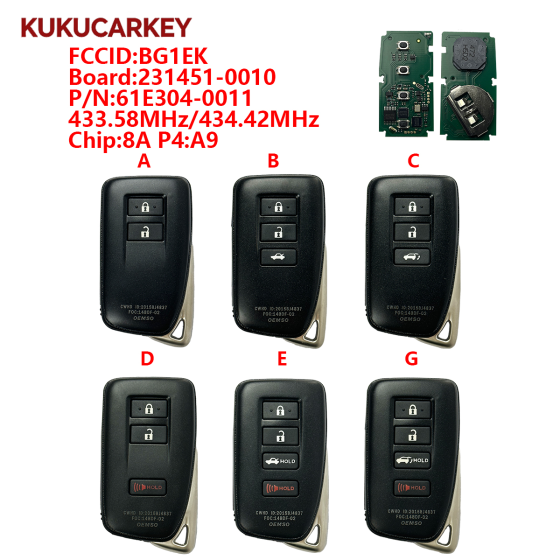 For Lexus  ES GS IS LX  2/3/4 Buttons Smart Car key FCCID:BG1EK Board:231451-0010 P/N:61E304-0011 433.58/434.42MHz chip:8A P4:A9