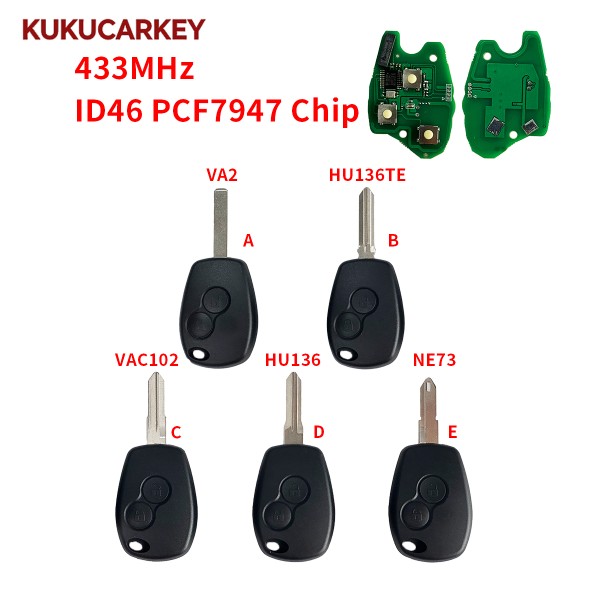 2 Buttons 433MHz ID46 PCF7947 Chip Remote Car Key For Renault Duster Modus Clio 3 Twingo Dacia Logan Sandero Kangoo Blade:VA2/HU136TE/VAC102/HU136/NE72