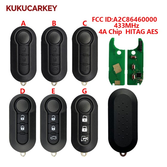 2/3 Buttons Flip Remote Key Fob, HITAG AES 4A Chip, 433MHz, FCC ID:A2C86460000, Replacement Car Key for Fiat Strada, MOBI, UNO, Fiorino, E MAIS