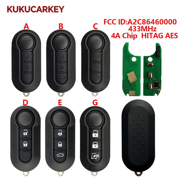 2/3 Buttons Flip Remote Key Fob, HITAG AES 4A Chip, 433MHz, FCC ID:A2C86460000, Replacement Car Key for Fiat Strada, MOBI, UNO, Fiorino, E MAIS